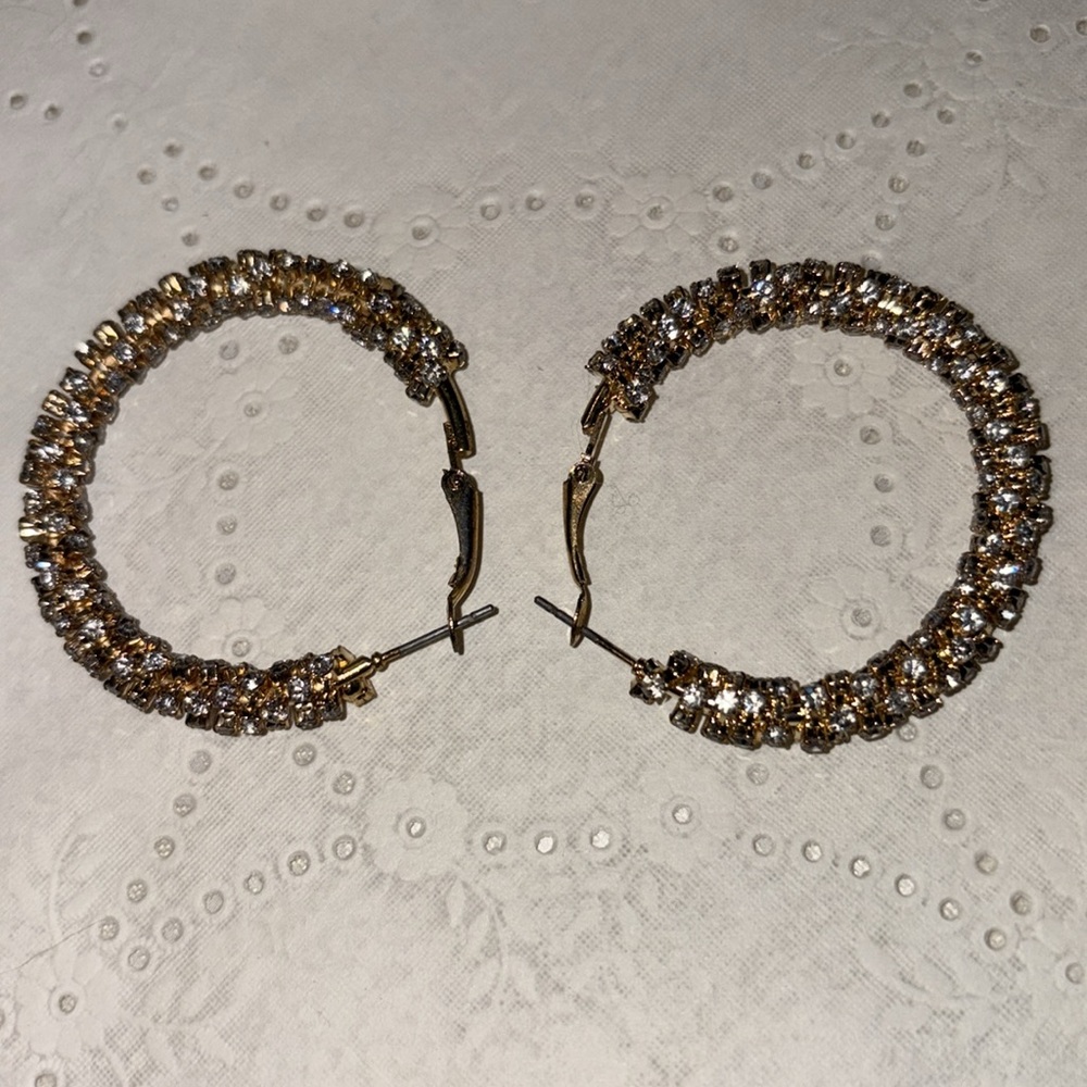 Elegant Gold hoop earrings, rhinestones all around!  Measurements in pics. $33